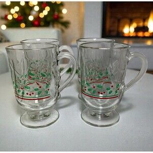 VTG Libbey Christmas Holly Berry Irish Coffee Mugs Set of 4 Gold Rim 5-1/8”